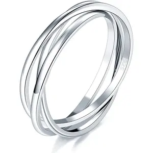 Sterling Silver Ring, 14K Gold Plated Fidget Anxiety Ring, Triple Row Rolling Interlocking Stacking High Polish Band for Women, Men| Each Band Width 1.8mm 3mm Size 4-12