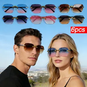 6PCS Fashion Rimless Square Retro Casual Versatile Trendy Sunglasses Y2K Luxurious Vintage Rimless Square Sunglasses Gradient Cut-Edge Lenses Slimming Face Unisex Lightweight Durable Travel Vacation Beach Party Everyday Wear Sunglasses