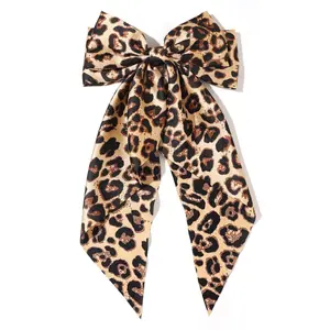 Hair Bows for Women Big Bow Hair Clips with Long Tail Hair Ribbon Satin Leopard Hair Bow Barrette for Women and Girls Ponytail Hair Accessories, Pack of 1 (White)