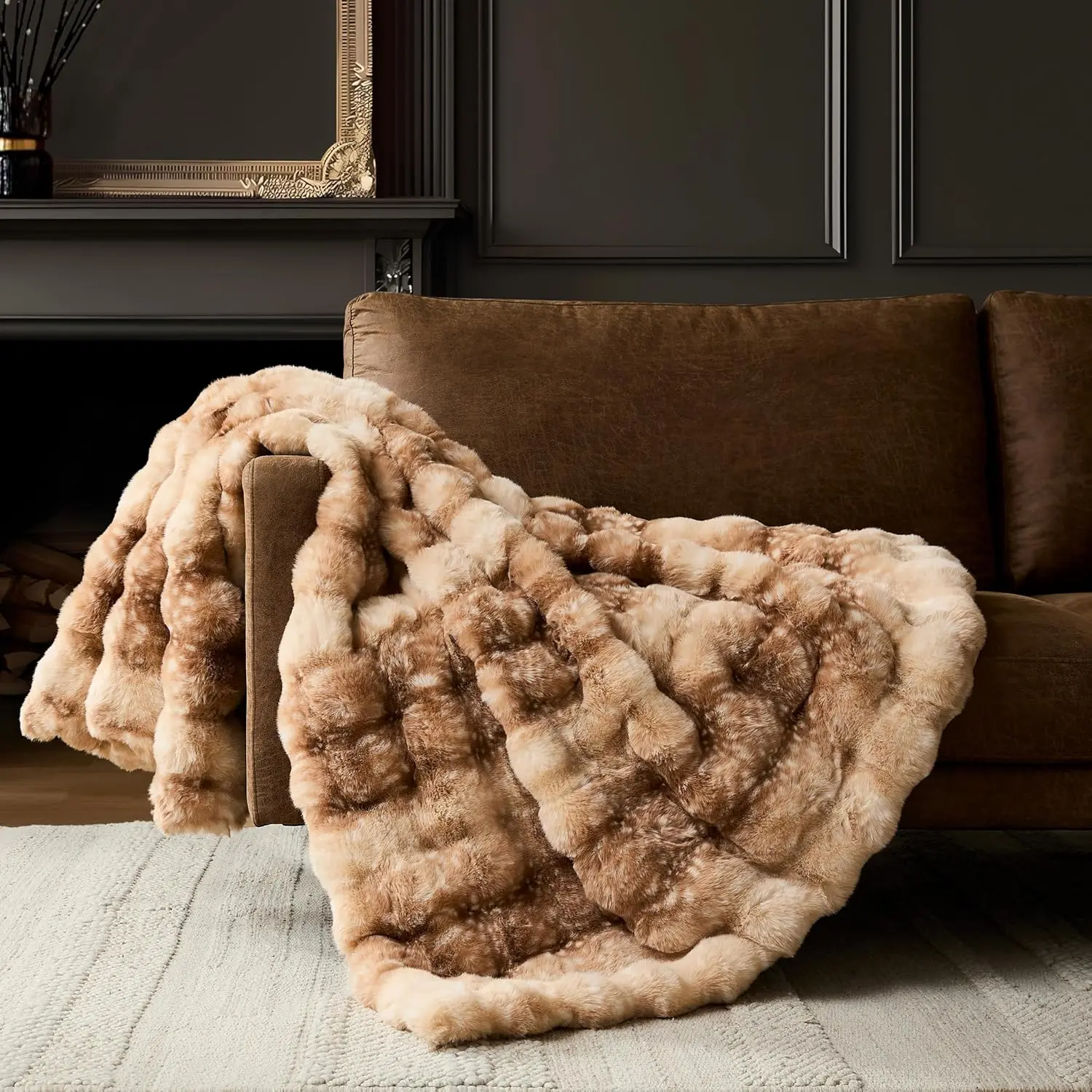 Glam Fawn Print Velvet Throw Blanket - Luxury Synthetic 950 GSM Thick Warm 50x60 in Soft Bubble Quilted Blanket for Couch, Bed, Holiday Gifting, Throw Blankets