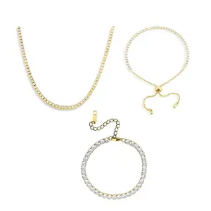 EVRY JEWELS Gold or Silver Plated Women's Icy Tennis Necklace & Bracelet 3 Piece Bundle