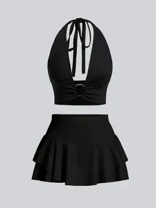 Women's Summer Deep Plunge V-Neck Halter Tie-Back Cami Top & Fitted Two-Tier Flounce Skirt Set Casual, Elegant & Comfortable Perfect for beach days and casual outings.