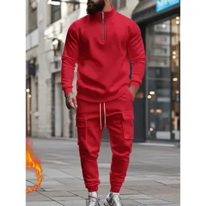 Men's Fall Winter Casual Set, Half-Zip Pullover Fleece Sweatshirt & Pants, Slim Fit Warm for Daily Wear