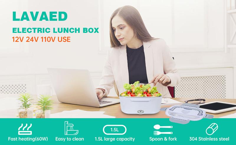 Electric Lunch Box for Adults, 1.5L 60W Leakproof Heated Lunch Box | 12/24/110/220V Portable Food Warmer for Car, Truck, Office with SS Fork&Spoon and Insulated Carry Bag , Lonchera Para Trabajo