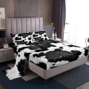 Cow Fur Sheet Set,Cowhide Sheets for Teens,Farmhouse Bed Sheets Set,Western Farm Animal Skin Black White Bedding Set,Room Decor Bedroom