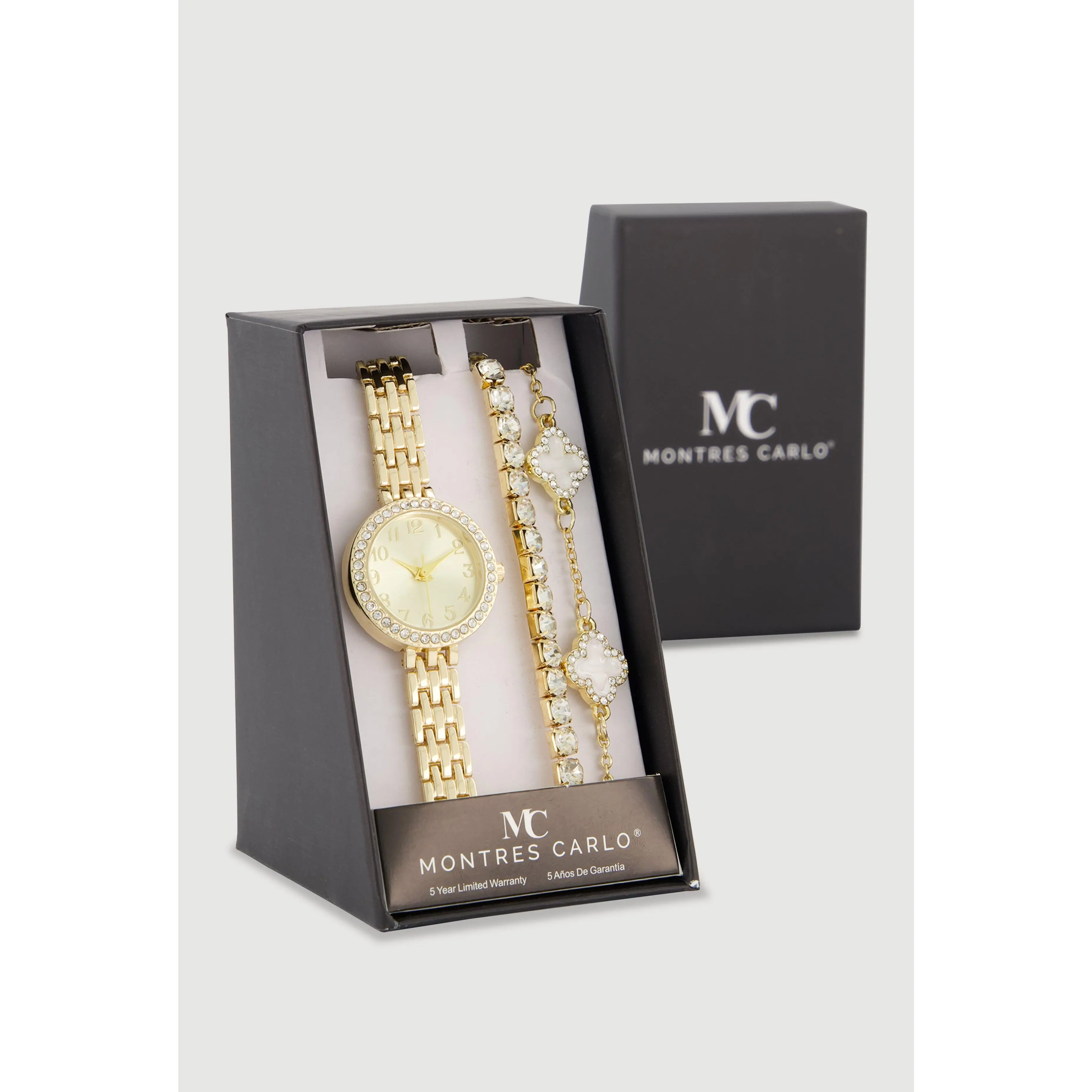 Analog Watch with Stretch and Clover Bracelet 3 Piece Set