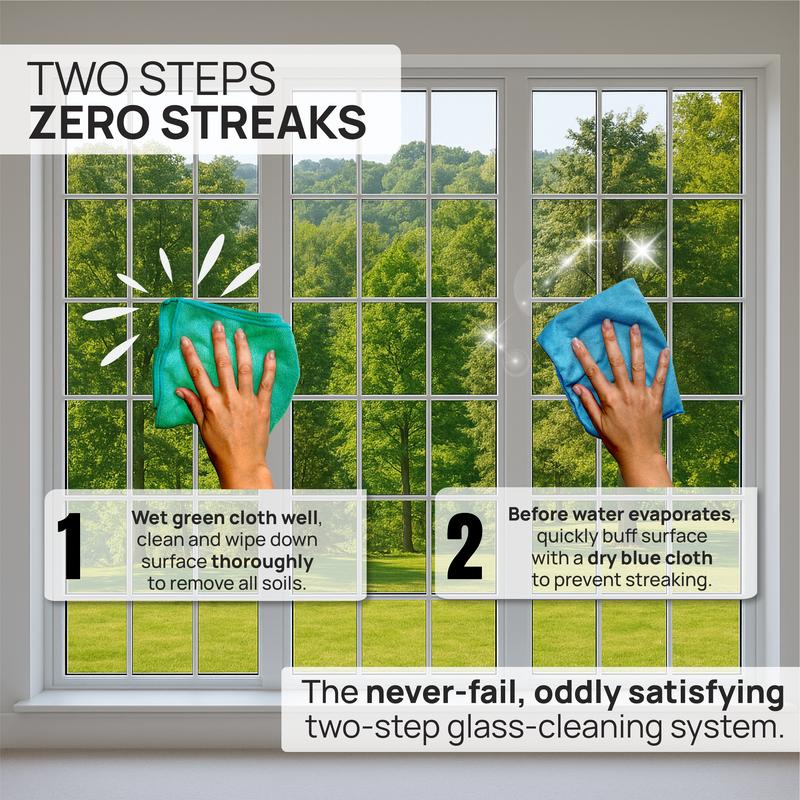 Claro Microfiber Glass Cleaning Cloths (8 Pack) – 2-Step Streak-Free System for Windows, Mirrors & Stainless Steel | Just Add Water, No Chemicals
