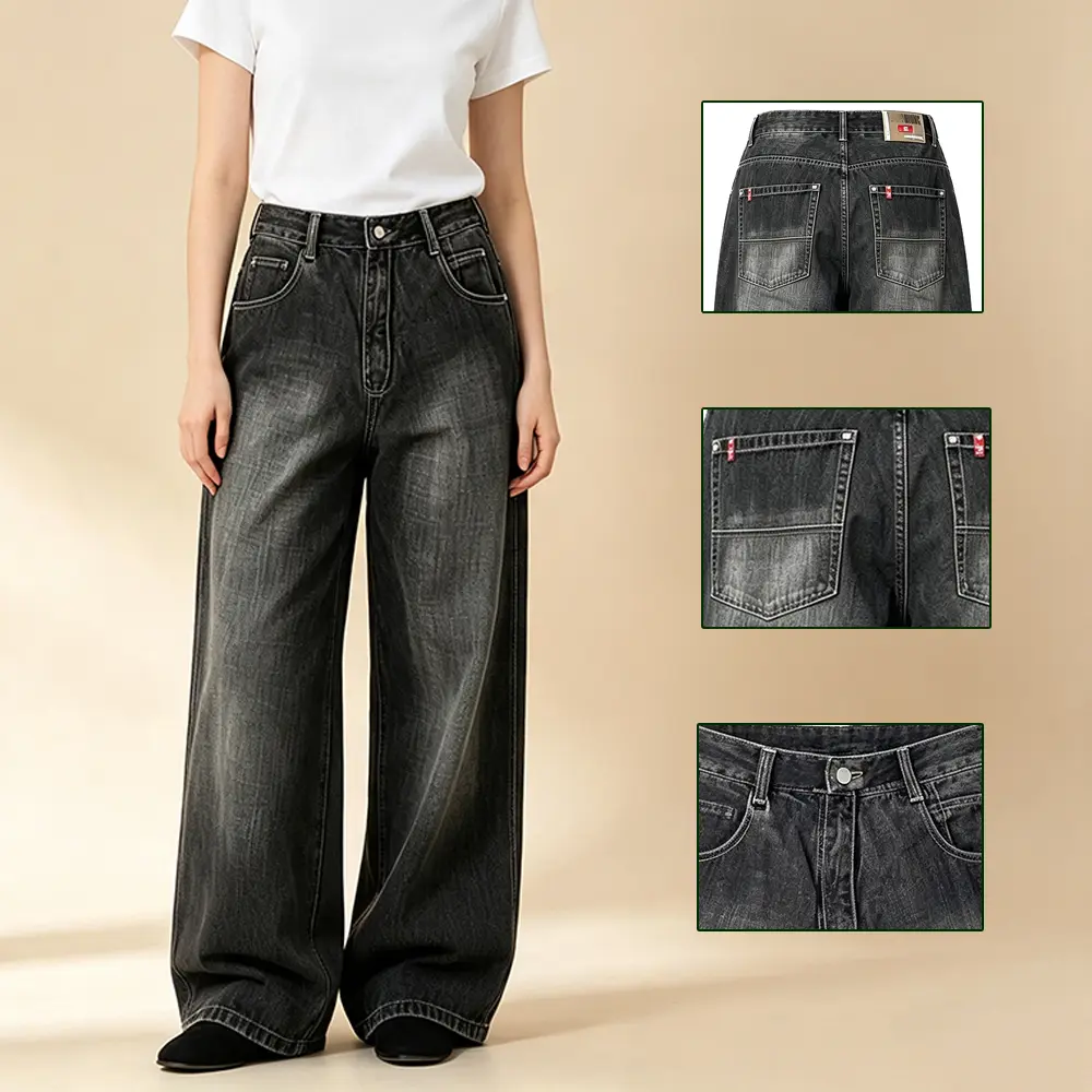 Women's Wide Leg Jeans Y2K Vintage Grid Washed Jeans Casual, Hip-Hop, and Streetwear Outfits for Everyday Wear