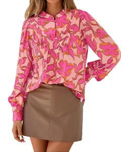 BTFBM Womens Tops Dressy Casual Fall 2026 Boho Floral V Neck Long Sleeve Half Button Down Shirt Work Business Blouses