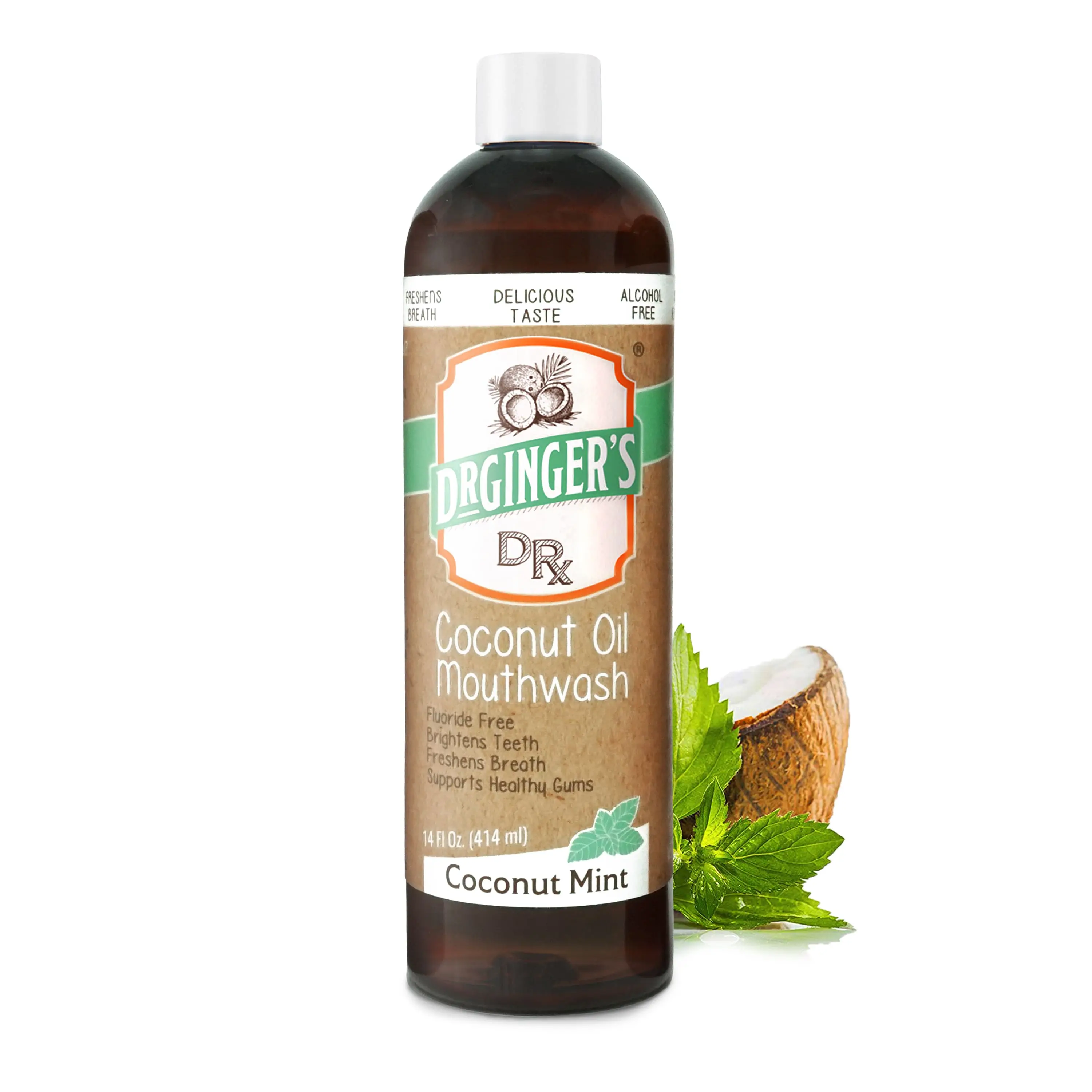 Dr. Ginger's Coconut Powered Mouthwash | Organic Coconut Oil, Alcohol-Free, Fluoride-Free, Dye-Free, Healthy Gums & Oral Mircobiome Support, 2-Min Daily Routine, Freshens Breath, Delicious Taste, Antibacterial, 14 FL OZ
