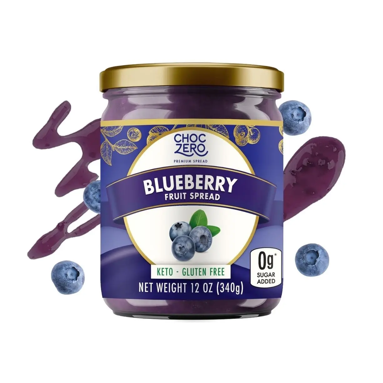 ChocZero Keto Blueberry Fruit Spread, No Added Sugar, Low Carb, All Natural Jam, Sweetened with Monk Fruit (1 jar, 12 oz)