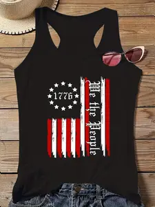 Antique Gothic Vertical Script Flag-Inspired Print Tank | Summer Holiday Daily Sleeveless Tee