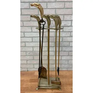 Vintage French Neoclassical Style Brass Horses Head Fireplace Tools