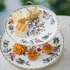 Aynsley Pembroke Bone China Cake Stand - 2-Tier (8.1" / 10.4" Plates) 8.7" High, Oriental Bird & Foliage, Christmas/Mother’s Day Luxury Gift