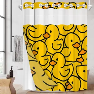 1pc 2D Flat Printing hookless shower curtain hanger liner Yellow Duck Full - Printed Pattern Fabric waterproof lining shower curtain with transparent window, double-layer shower curtain, 71 x 74 inches, modern home curtain decoration