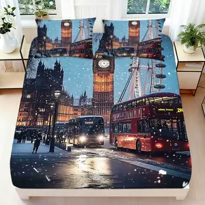 2/3 Pcs 2D Flat London Cityscape Fitted Sheet Set，Snowy London Bedding Set Quilt Cover 1 Fitted Sheet+ 1/2 Pillowcases，London Bus and Big Ben Top Sheet Decorative Bedding Bedroom Decor