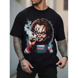 Chucky-Inspired Men'S 3D Printed T-Shirt - Casual, Crew Neck, Machine Washable, with Stitched Detail - Black Breathable Clothes