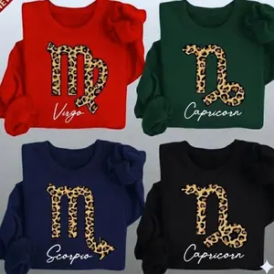 Zodiac All 12 Leopard Zodiac Symbol Sweatshirt – Astrology Sign Icon with Script Name, Feminine HoroscopeGraphic Style, Birthday Zodiac Gift for Women JH3