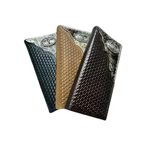 Leather Long Wallet Basketweave Longhorn Concho Cowhair Inlay - Premium Genuine Leather, Spacious Interior, Western & Rodeo Style, Three Rich Colors, Perfect Gift