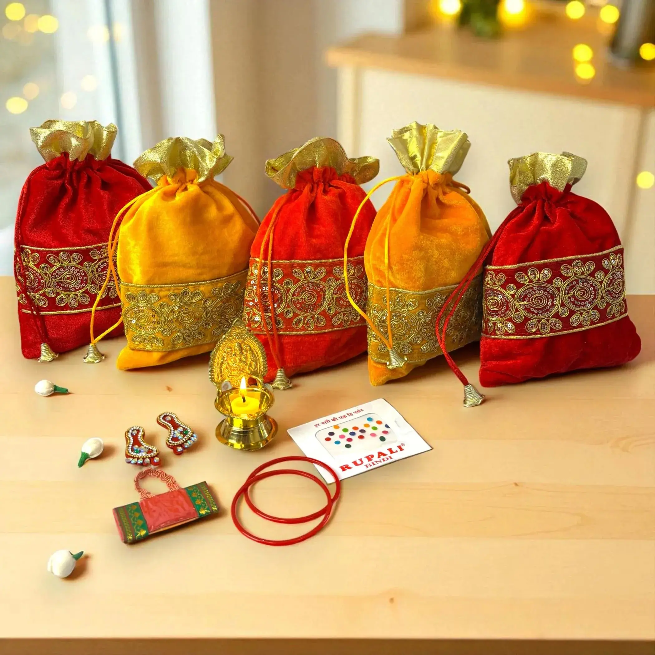 Sacred Varalakshmi Vratham Gift Set | Velvet Potli Bags, Haldi Kumkum, Lakshmi Feet | Perfect for Navaratri, Pooja, Housewarming