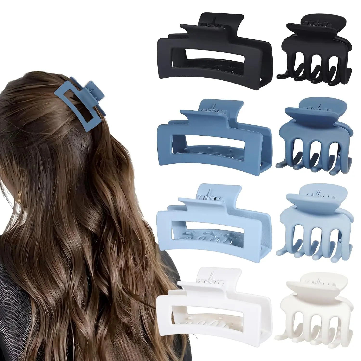 Medium Hair Clips for Women 8 count Small Claw Clips for Thin and Thick Hair 2 Styles Clips for Hair Combination Rectangle Jaw Clips Hair Accessories for Women and Girls (Blue)