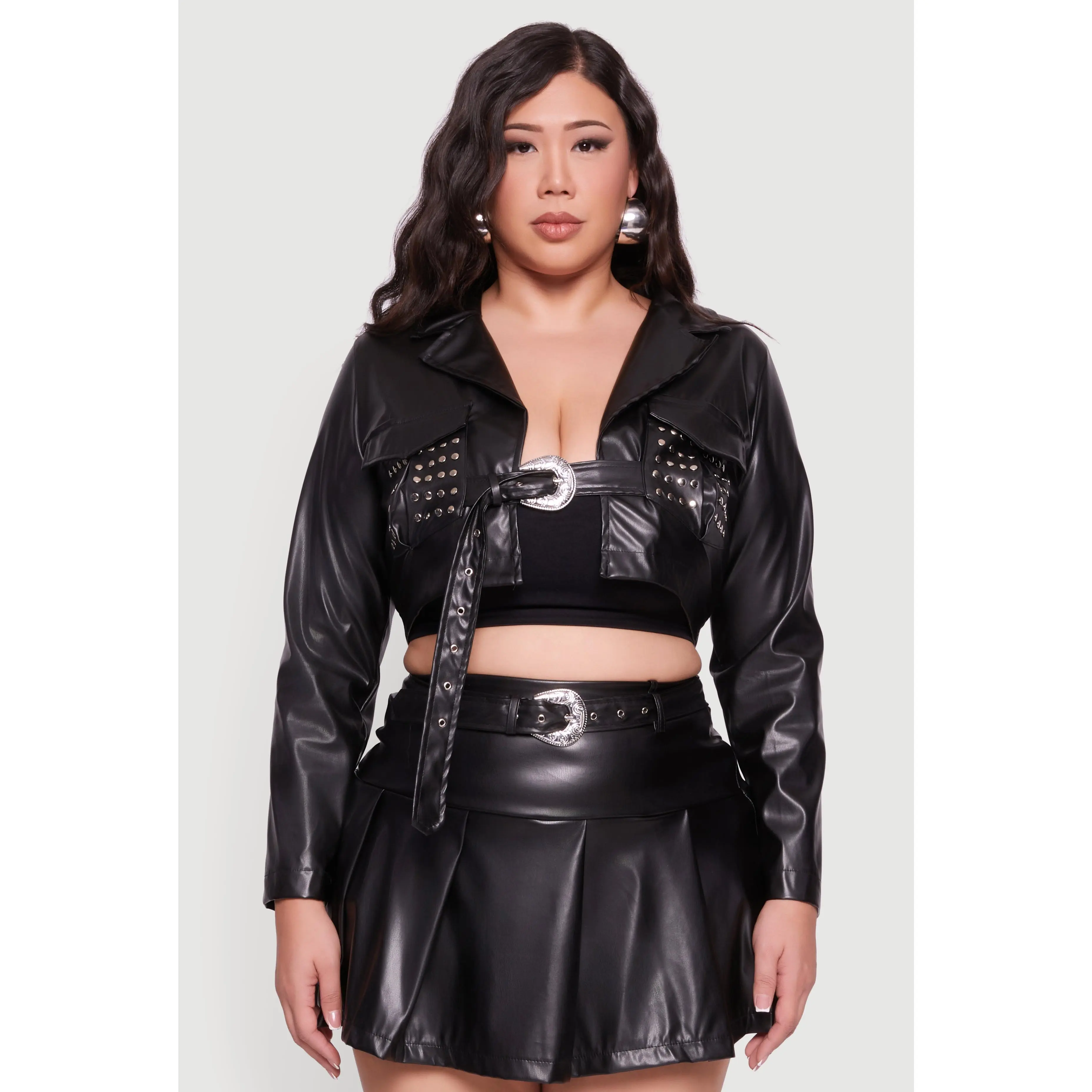 Plus Size Cropped Faux Leather Belted Front Studded Jacket