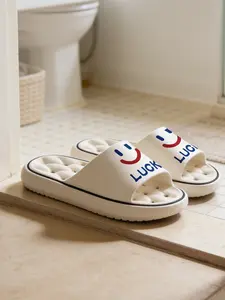 1 Pair Smiley LUCK Themed Printed Hollow Massage Thick Sole Slippers, Vitality Healing Style, Non-slip Soft Sole, Quick-dry for Bathroom, Indoor & Outdoor Dual-use, Open Toe Slides, Bathroom Casual Slippers