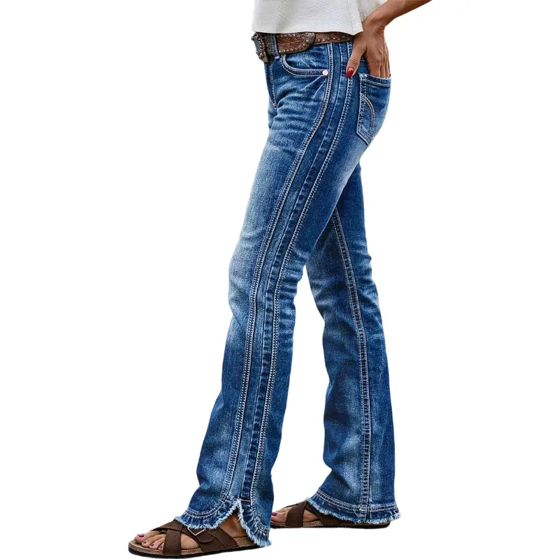 Flamingals Stitch Detail Raw Hem Split Mid Waist Bootcut Jeans Without Belt Stretchy 30.3'' Inseam