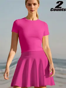 Women's Summer Sportswear Set, Elastic Quick-Dry Short Sleeve T-Shirt, High Waist Tennis Skirt with Pockets, Slim-Fitting Yoga Top