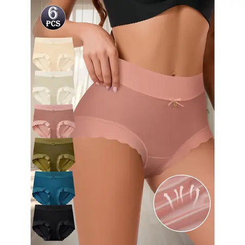 QUASTI Women's 6-Piece Mid Waist High Elastic Elastane Solid Briefs - Underwear for Women, Seamless Smooth Bow Anti-Roll Edge, Comfy Coverage, Slimming Expandable, Soft Cool Poly Fabric, Breathable Foldable, Light Orange Teal Mix, S-XXL, Daily Wear Gift