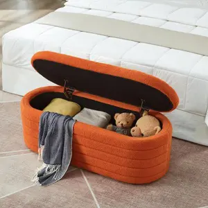 【Bellemave】Modern Oval Storage Ottoman Bench, Upholstered Boucle Teddy Fabric End of Bed Bench with Storage, End of Bed Stool with Safety Hinge for Bedroom, Living Room, Entryway, Orange