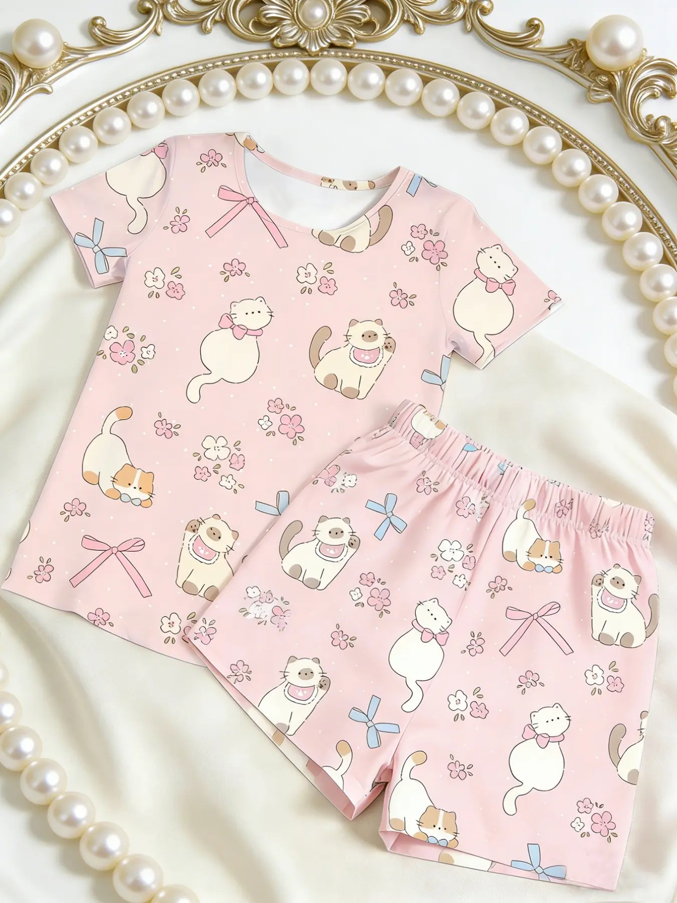 Women's Summer Short Sleeve Shorts Set Cat Digital Print Pajamas, Comfortable Skin-Friendly, Casual Sleepwear