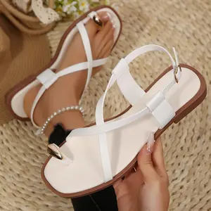Women's Faux Leather Flat Sandals Chic Toe Post Design Indoor Outdoor Shoes for Casual Outfits