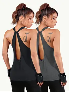Women's Casual Backless Tank Tops, Athletic Tank Tops, Breathable Comfortable Moisture-Wicking Elegant Chic Sleeveless Top, Pack of 2, All Seasons Wear
