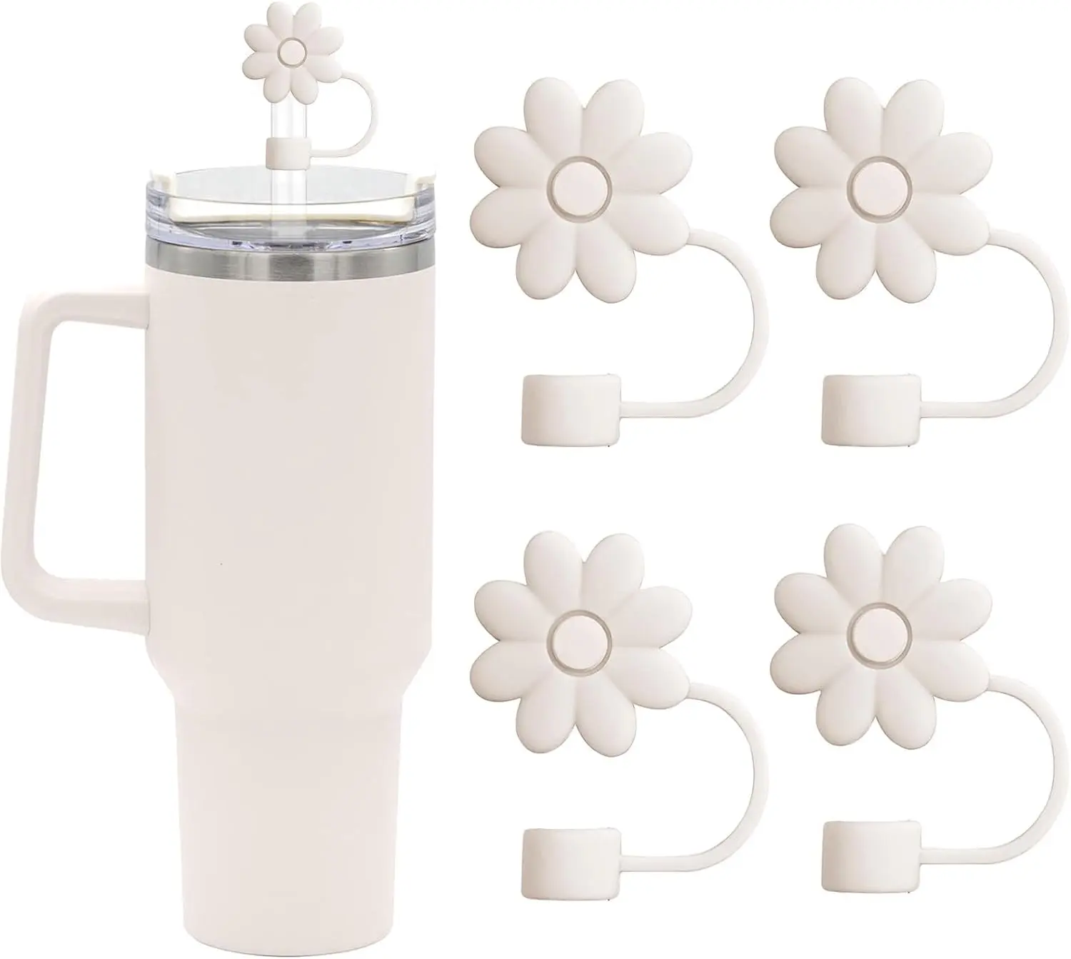 Flower Straw Covers Toppers for Cups 30&40 Oz Tumbler Accessories 4PCS Silicone Straw Caps Reusable Straw Tips Protectors for Stanley Cup 10mm 0.4in Straws,Off White Drinkware Glass