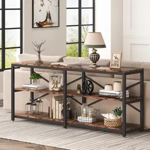 LITTLE TREE 70.9 Inch Extra Long Console Table, Modern Sofa Table Behind Couch Table with Storage Shelves, 3-Tier Industrial Hallway Entryway Table for Living Room, 3 Shelf Bookshelf