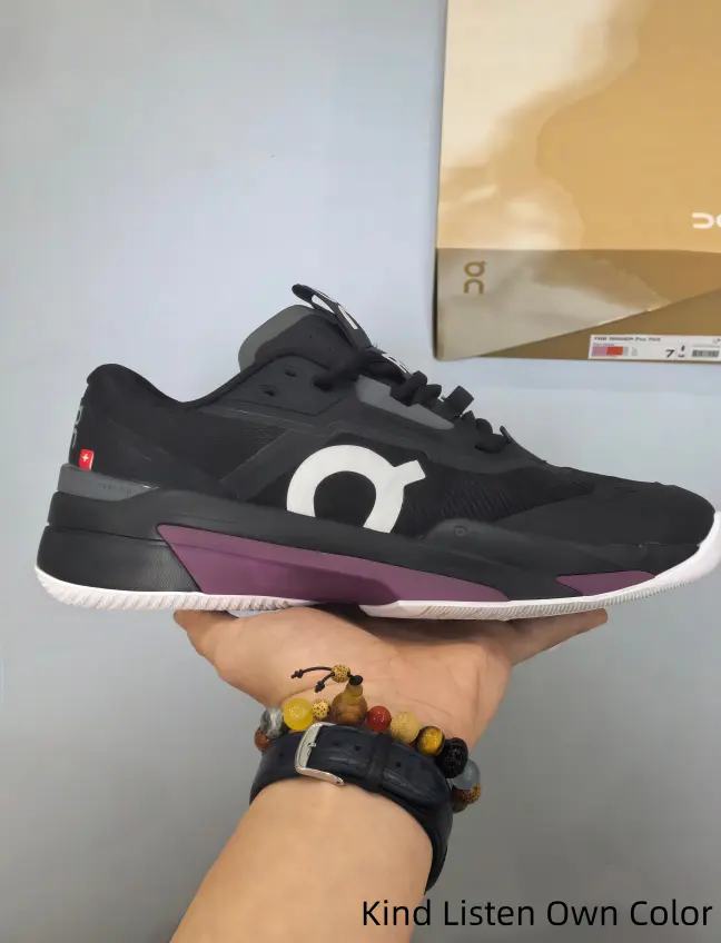 Perforated woven mesh athletic shoes in black purple keep feet dry and cool during long high-intensity gym sessions and steady brisk walking