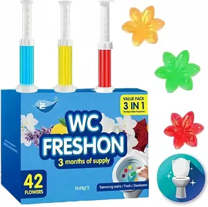 Toilet gel stamps, 42 floral-scented stamps, with dispenser, 3-in-1 value pack, 3 months supply, removes odors and stains, random colors