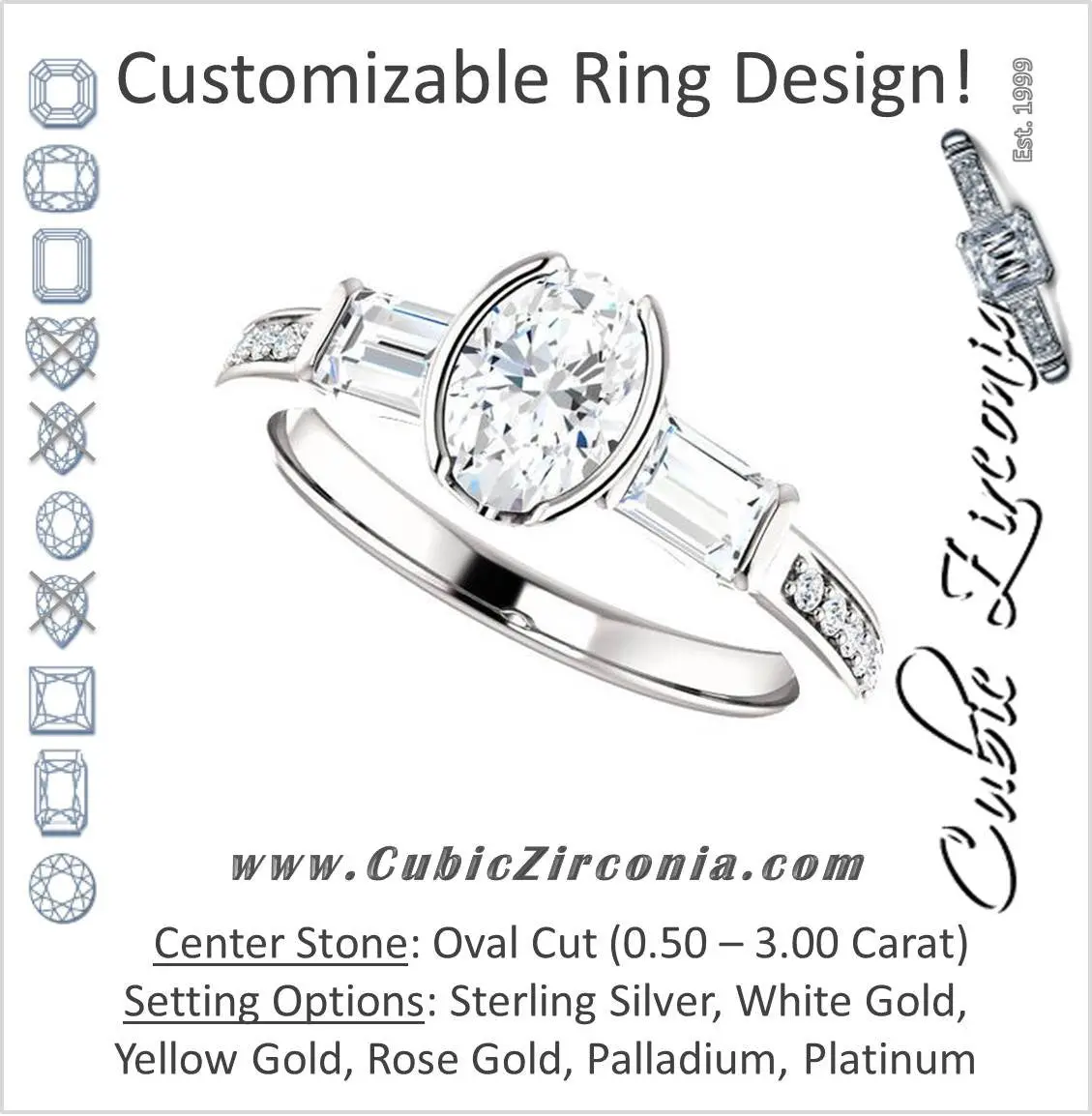 Cubic Zirconia Engagement Ring- The Naomi (Customizable Bezel-set Oval Cut Design with Dual Baguettes & Pavé Band)