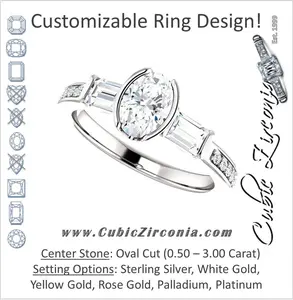Cubic Zirconia Engagement Ring- The Naomi (Customizable Bezel-set Oval Cut Design with Dual Baguettes & Pavé Band)