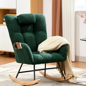 [NEW] Garvee Nursery Rocking Chair, 300Lb Glider Chair with Wood Legs/Two Side Pockets, Teddy Upholstered Glider Rocker with Padded Seat High Backrest for Living Room/Bedroom