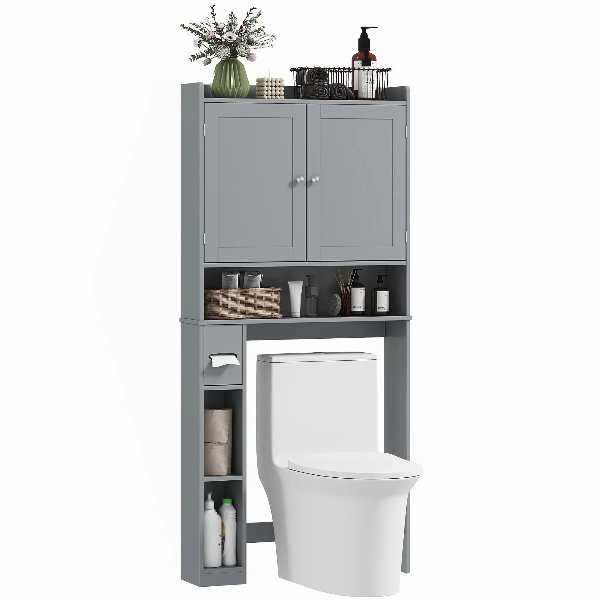 HOMCOM Over the Toilet Storage Cabinet, Modern Above Toilet Bathroom Organizer with 2 Doors, Storage Shelves, Toilet Paper Holder, Freestanding Space Saver for Bathroom, Laundry, White