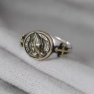 New cross-border Thai silver men's ring, personalized vintage praying hands open ring, creative blessing ring, fashionable Thai silver