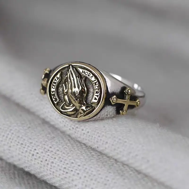 New cross-border Thai silver men's ring, personalized vintage praying hands open ring, creative blessing ring, fashionable Thai silver