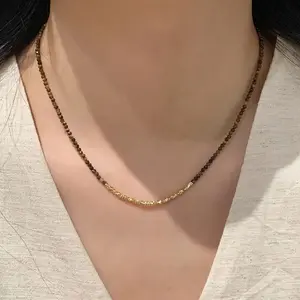 All-titanium and steel small gemstone beads in gold color, versatile necklace for women, elegant and unique design, beaded black quartz bone chain