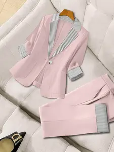 Two piece fashionable and high-end seven quarter sleeved suit set with striped and flanged design, versatile and stylish in the workplace, suitable for spring and summer, interviews, onboarding, business training, and light business parties