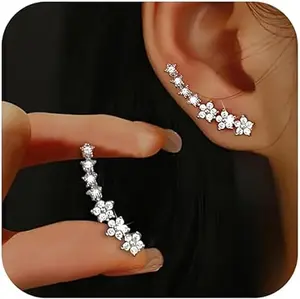 Silver Plated CZ Flower Star Ear Climber Earrings for Women, Dainty Sparkling Crawler Earrings, Bridal Jewelry Gift