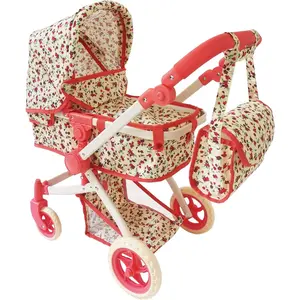 Baby Doll Stroller for 3 Year Old Girls & Up, Folding Adjustable Toy Stroller for Dolls with Storage Basket, Converts to Sit Up Pushcart Pram, Red