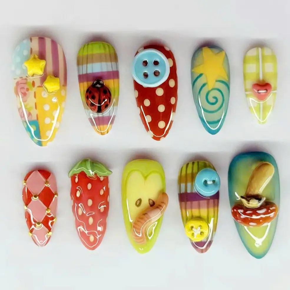 Chic Nail Studio Whimsical Picnic Press-On Nails, 3D Buttons Worm Stars, Colorful Plaid Patterns, Custom Press-On Nail, Gift for Teens, Chic Nail Studio