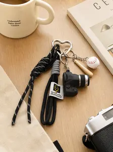 Trendy Camera Baseball Keychain, Sports Style Braided Umbrella Rope Bag Charm, Mini Camera, Baseball, Bat Pendant, Heart Multi-Function Clip